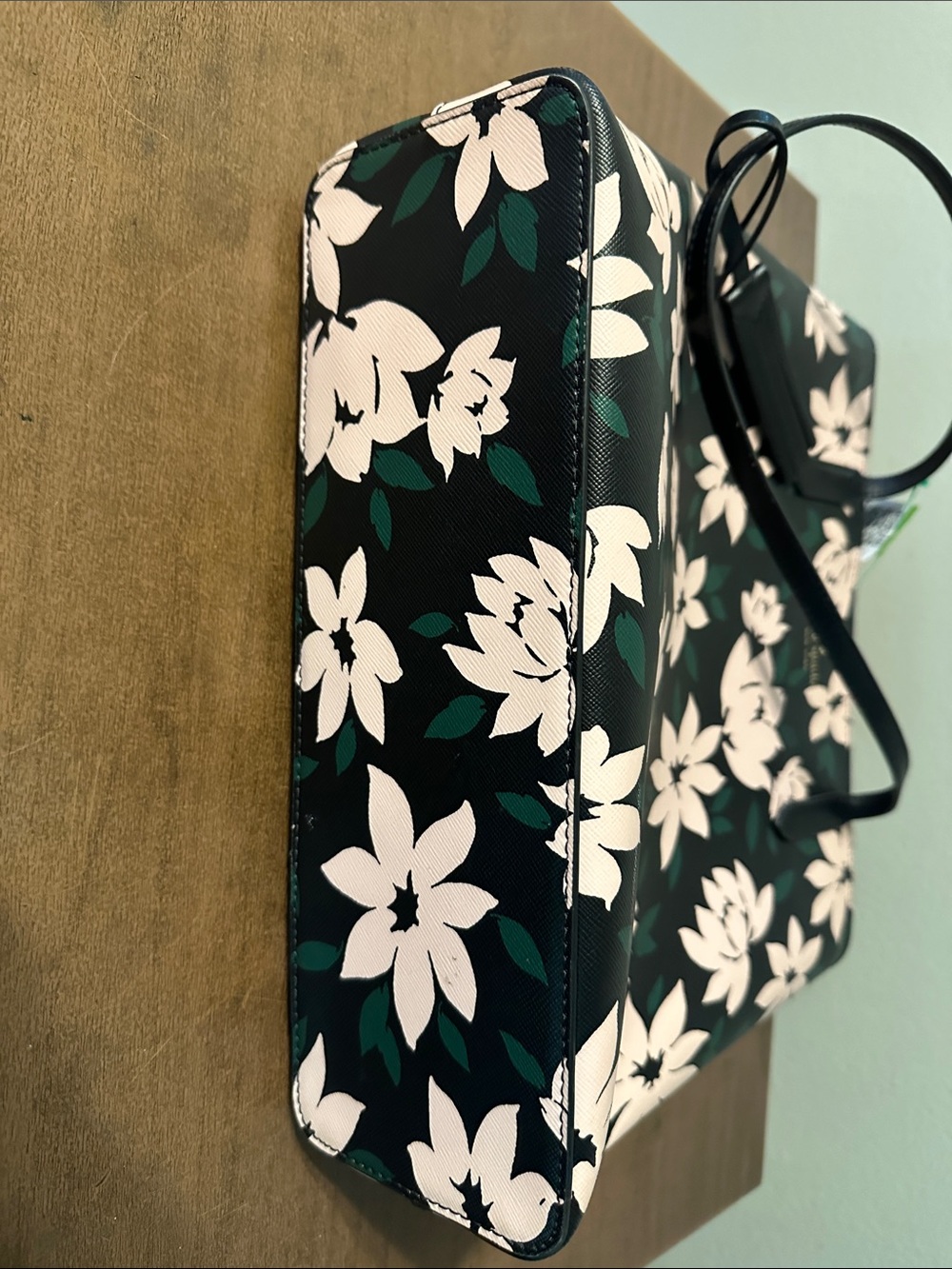 Kate Spade Jana Black Floral Tote with Pink Flowers and Green Leaves - Picture 5 of 6